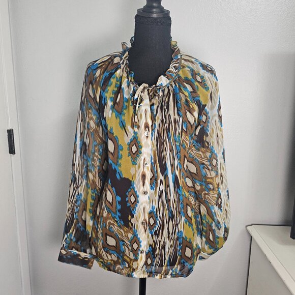 Adore Ruffle Neck Chiffon Blouse Blue Yellow Ikat Abstract Sheer Top Size Medium - Picture 2 of 6